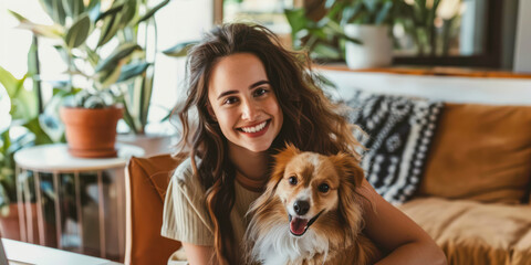 Smiling Woman Embracing Adorable Dog in a Cozy Home Setting Full of Life. Home office