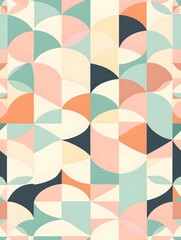 seamless pattern background, featuring iconic 1960s elements like geometric shapes and pastel colors, filling the page harmoniously. Created Using: vintage color palette, geometric precision, pastel h