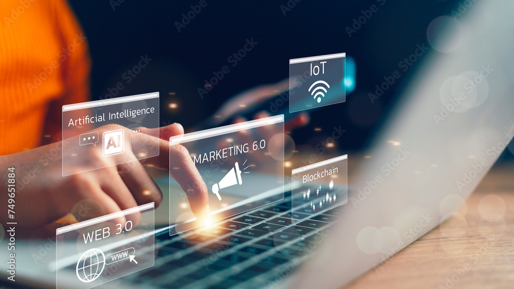 Poster marketing 6.0 concept. digital ai artificial intelligence technology communication networks. busines