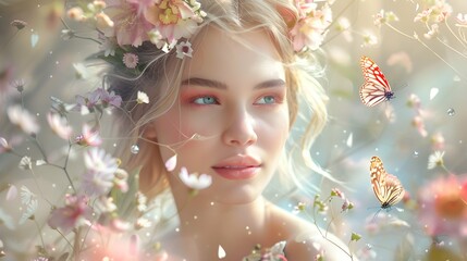 Fototapeta premium Spring fairy princess. Flowers and butterflies portrait of a beautiful blonde woman