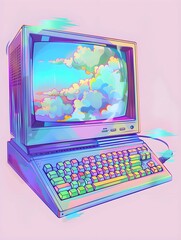 the old computer has a light blue and purple image of clouds and a colorful keyboard, in the style of pastel dreamscapes, pastel lavender, green and cyan, otherworldly illustrations, cloudcore