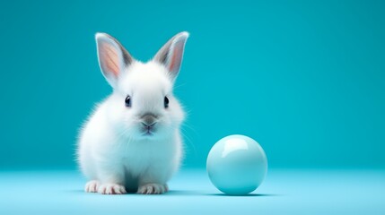 small white rabbit with blue ball pet pictures, in the style of pastel colors, toyen, nikon af600, light crimson and sky-blue, eastern brushwork, kurzgesagt, hatching
