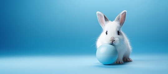 small white rabbit with blue ball pet pictures, in the style of pastel colors, toyen, nikon af600, light crimson and sky-blue, eastern brushwork, kurzgesagt, hatching