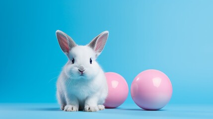 Obraz premium small white rabbit with blue ball pet pictures, in the style of pastel colors, toyen, nikon af600, light crimson and sky-blue, eastern brushwork, kurzgesagt, hatching
