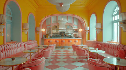 Stylish Retro-Inspired Pink and Orange Cafe Interior