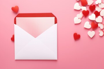 A vivid red envelope surrounded by white heart confetti, symbolizing love and happy correspondence on a pink surface.