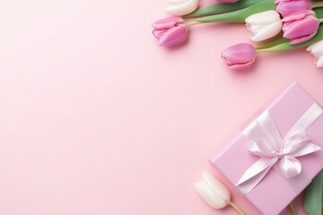 Elegant pink tulips beside a gift box with a satin ribbon on a pink pastel background.