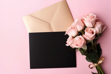 Soft pink roses next to a blank black card and envelope on a pastel pink background.
