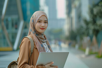 
25 year old Indonesian woman, beautiful, wearing a hijab, holding a laptop, walking on the...