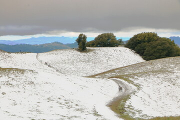 Hikers in the snow of the East Bay hills at Las Trampas Wilderness in Northern California