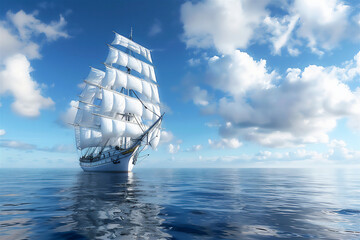 3d illustration of a wind sailing ship in the ocean with a blue sky background.