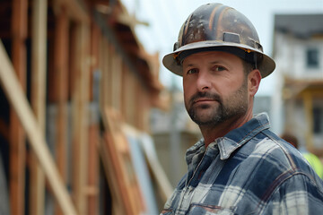 35 year old man, foreman, is supervising a building construction project - obrazy, fototapety, plakaty