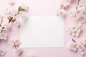Fototapeta na wymiar Blank paper with cherry blossoms on pink surface.