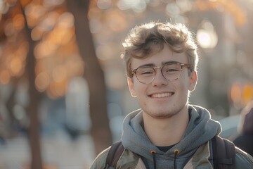 a young man wearing glasses is smiling outside, in the style of bokeh panorama, mid-century modern design. generative AI