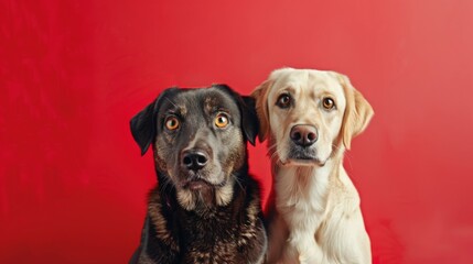 Portrait of two dogs on a red background