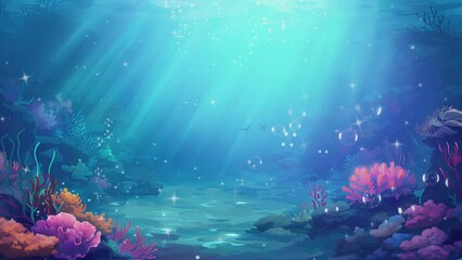 aquarium background. blue water, coral reefs and water bubbles. animated cartoon videos