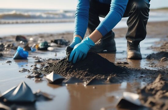 A volunteer collects garbage on a muddy beach. Close-up. The concept of Earth Day. Bottom view