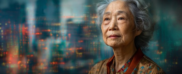Senior Asian American woman with wisdom in her eyes, standing before a cityscape at dusk, exuding...