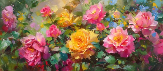 A painting depicting vibrant pink and yellow roses in a garden setting, showcasing the bright colors of the flowers.