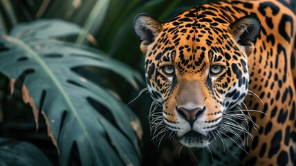 A majestic jaguar's intense gaze emerges from the embrace of dense jungle foliage, embodying the spirit of the wild