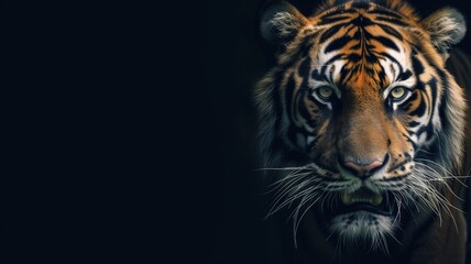 Intense close-up of a tiger's face, highlighting its piercing gaze