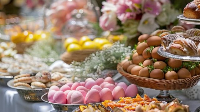 Easter brunch buffet with selection of pastries, colored eggs and fresh spring flowers in garden setting