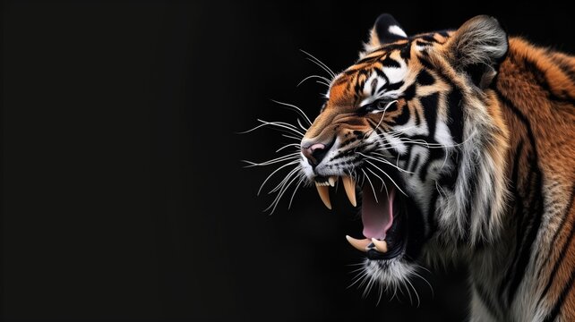 Majestic tiger roaring in the darkness, showcasing wild beauty