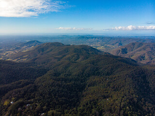 Naklejka premium aerial panorama of d'aguilar national park near brisbane in queensland, australia; aerial view of rainforest in the mountains