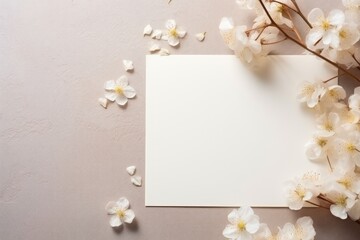 White blank paper surrounded by delicate cherry blossoms on a textured backdrop.