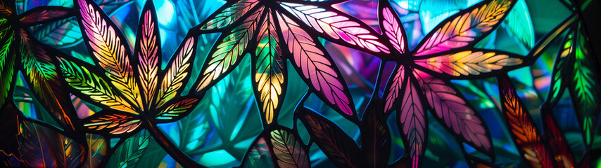 Psychedelic Panes: A Detailed Cannabis Stained Glass Window with a Neon Glow