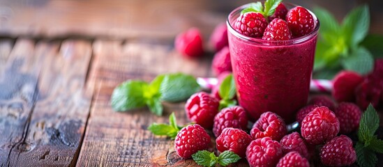 A glass filled with a vibrant raspberry smoothie sits on a wooden table, adorned with fresh...