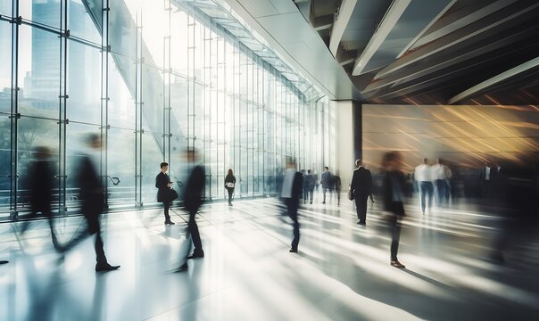 Blurred image of business people walking in the lobby of a modern office.