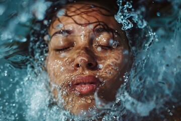 Fototapeta na wymiar Portrait of a young woman in water, woman underwater, girl underwater, authentic, woman in swimming pool