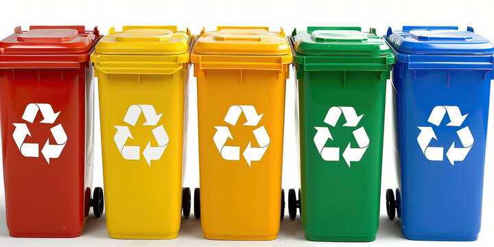 Multiple bright and colorful trash cans lined up holding recyclable items like plastic bottles and paper.
