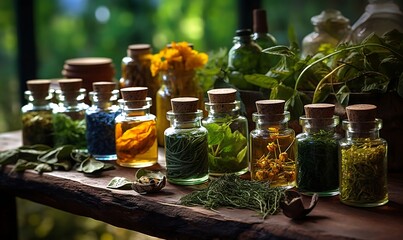 Medicinal herbs and tinctures spices - obrazy, fototapety, plakaty