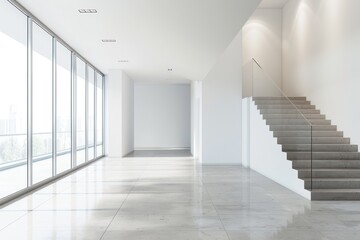 interior of modern bright office with white walls, tiled floor, panoramic window and staircase