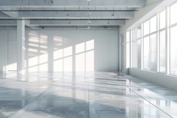 Interior of empty office with large windows and concrete floor. 3d rendering