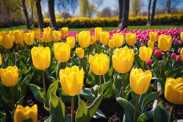 Sunny flower field. Tulip garden landscape. Nature color. Spring season background. May floral bloom. Bright sun blue sky. Green grass beauty. Light day park April leaf close up Fresh plant bulb grow.