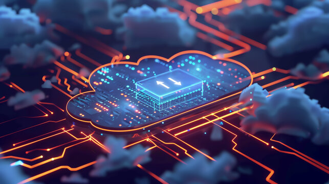 Technology background and cloud computing platform concept. The AI chipset on the cloud network, with upload and download icons, refers to cloud data transfer and online data storage.