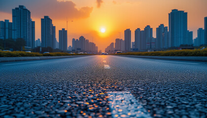 The perspective of the road against the background of sunset and the cityscape
