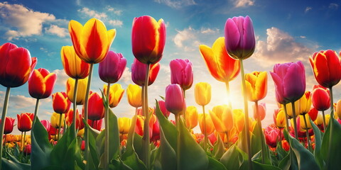 Sunny flower field. Spring season background. Tulip garden landscape. Nature color. May floral bloom. Bright sun blue sky. April leaf close up Green grass beauty. Fresh plant bulb grow. Light day park