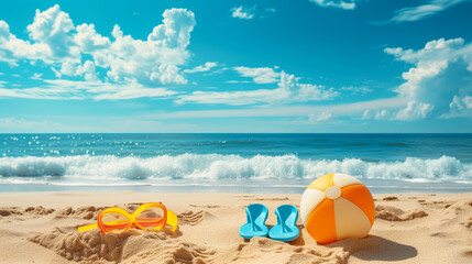 Obraz premium Beach Accessories on the Sand, Top View