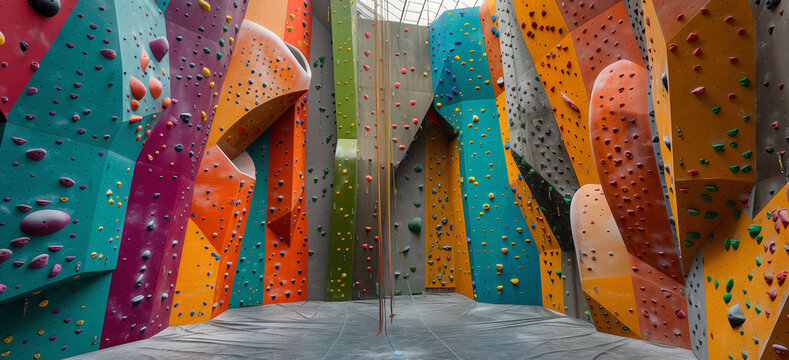 Colorful artificial rock climbing surfaces.