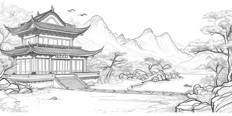 Coloring pages of scenic Asian traditional house with trees mountain