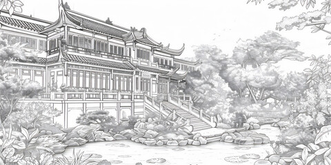 Coloring pages of beautiful Asian traditional house with trees