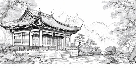 Coloring pages of beautiful Asian traditional house with trees and mountain