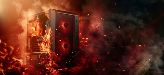 A high quality wide image of a burning gaming PC, fire 
flames with smoke - obrazy, fototapety, plakaty