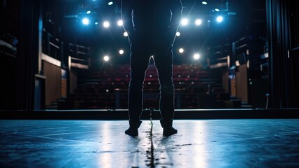 A performer stands in silhouette on a theater stage, spotlights casting a dramatic scene