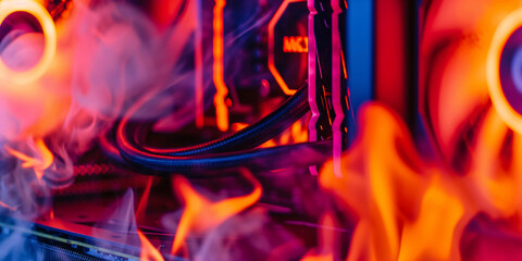 A high quality wide image of a burning gaming PC, fire 
flames with smoke