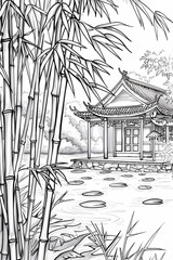 Coloring pages of Asian traditional house with bamboo trees